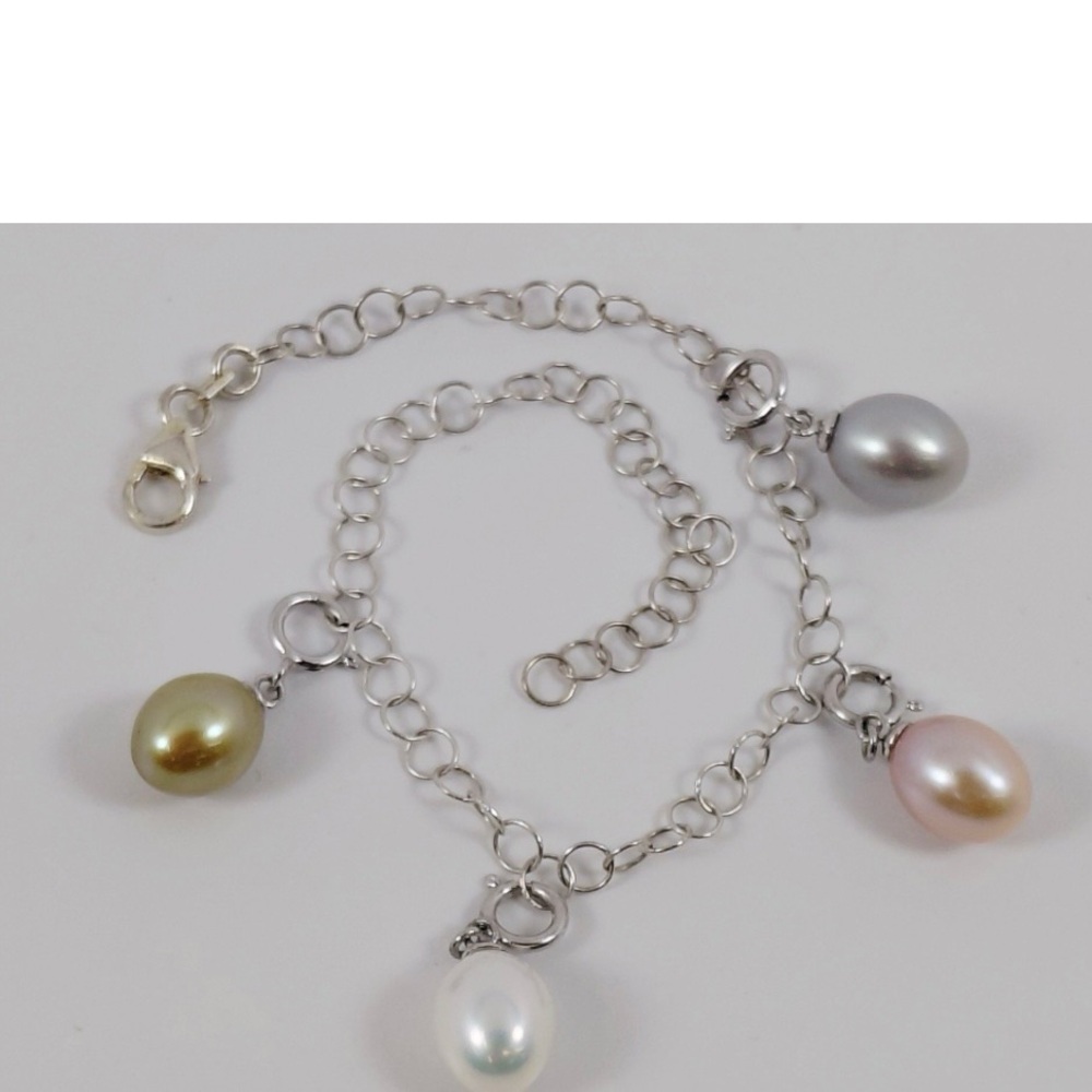 .925 Sterling Silver Charm Bracelet with 4 Removable Multi-Color Pearl Charms
